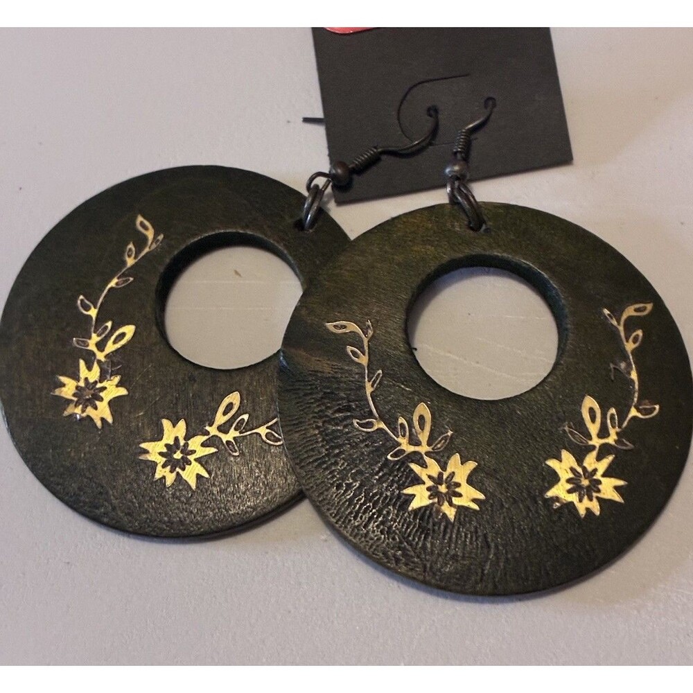 Green Wood Round hoop Dangle Hook Earrings Floral boho funky hippie coffee house